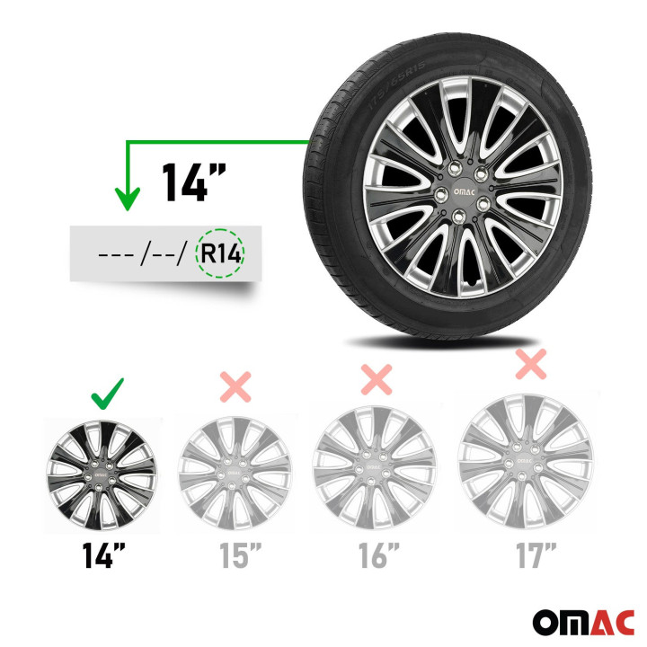 Pisa Hub Caps Wheel Cover 14" Black & Silver Full Set 4-Piece.