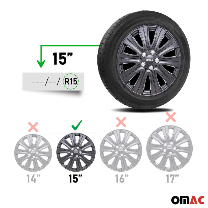 Pisa Hub Caps Wheel Cover 15" Gun Metal Grey Full Set 4-Piece.