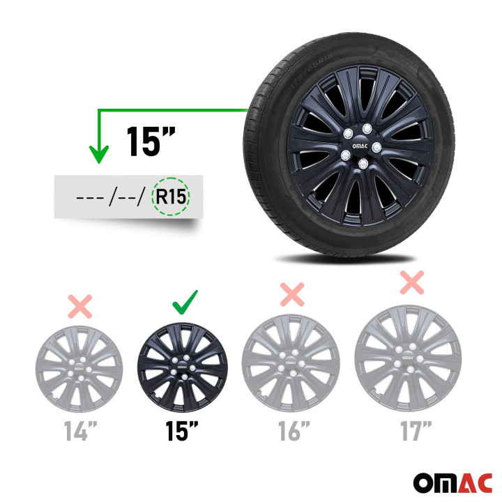Pisa Hub Caps Wheel Cover 15" Gloss Black & Silver Full Set 4-Piece.