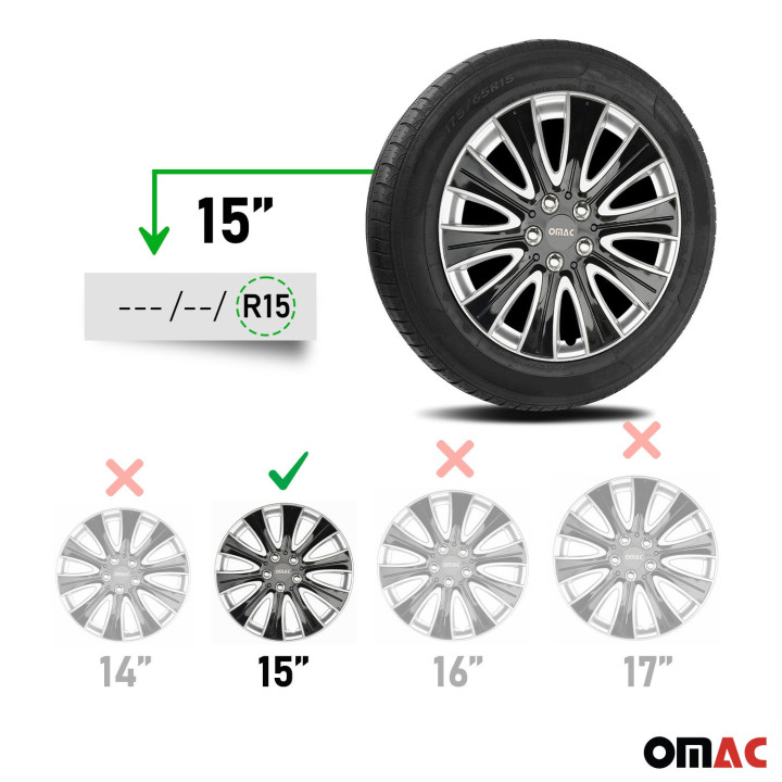 Pisa Hub Caps Wheel Cover 15" Black & Silver Full Set 4-Piece.